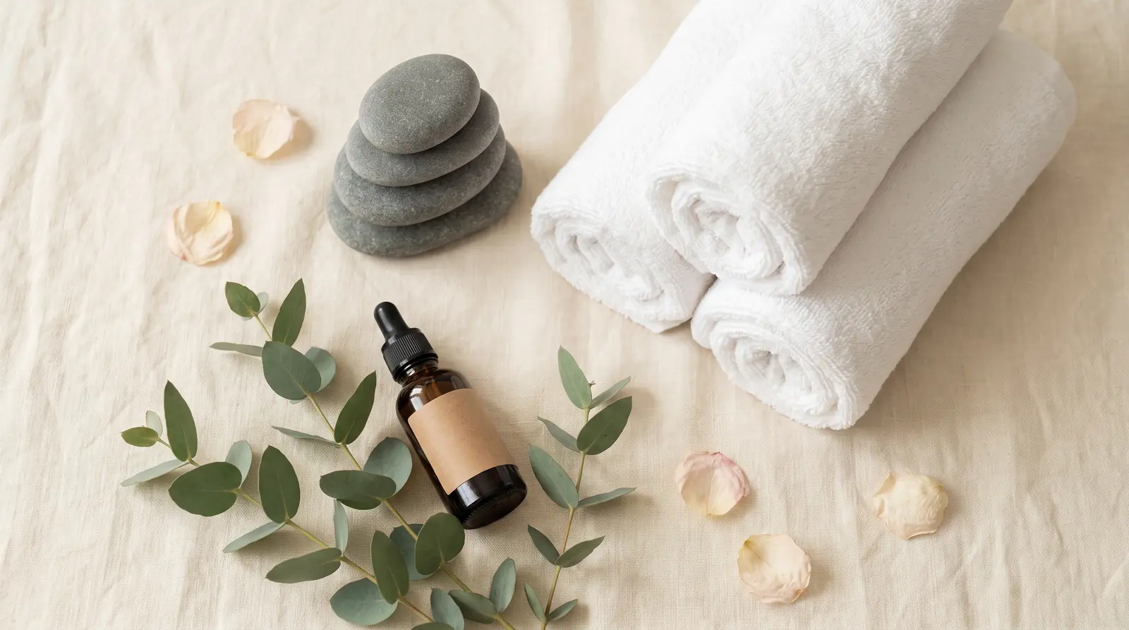 Styled spa flat lay of rolled towels, massage stones, oil and eucalyptus